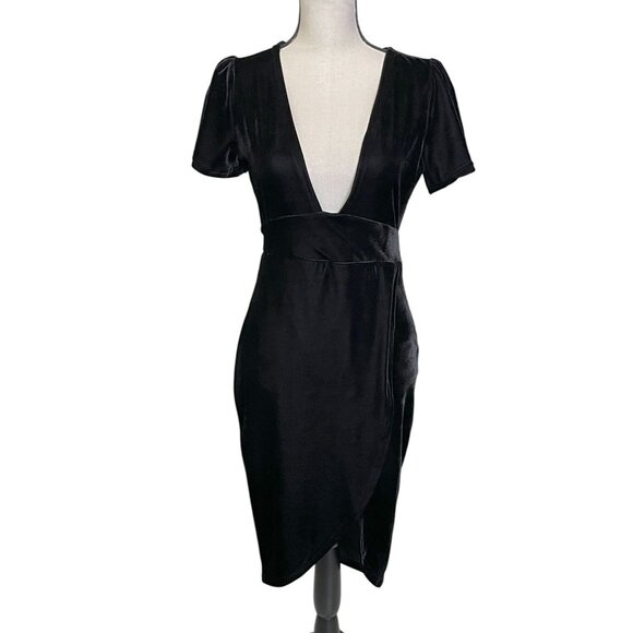Holiday Black Velvet Deep V-Neck Wrap Dress Puff Sleeve Size Small - Picture 4 of 12
